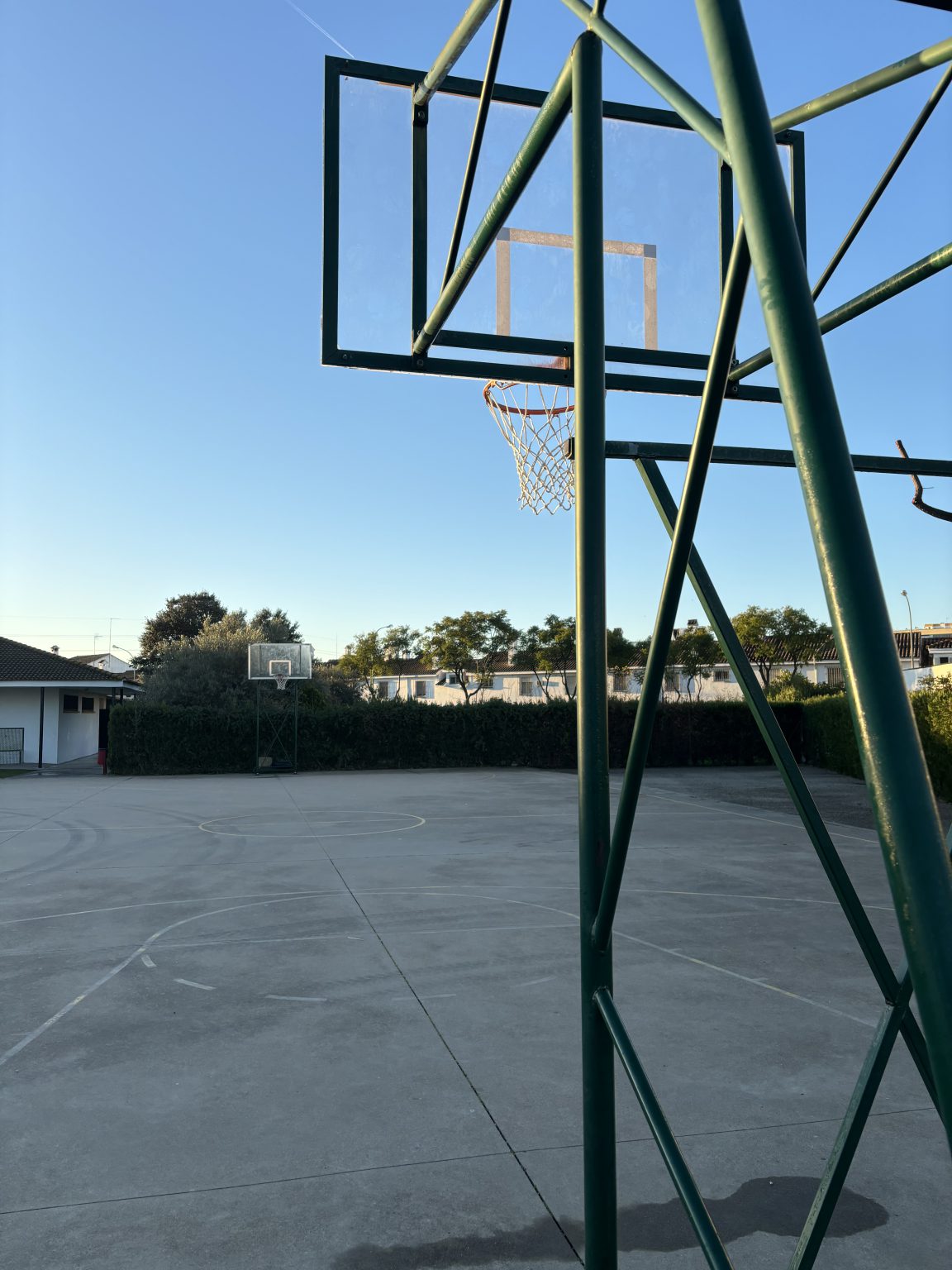 Canasta de baloncesto en la pista exterior, con el seto y los árboles al fondo